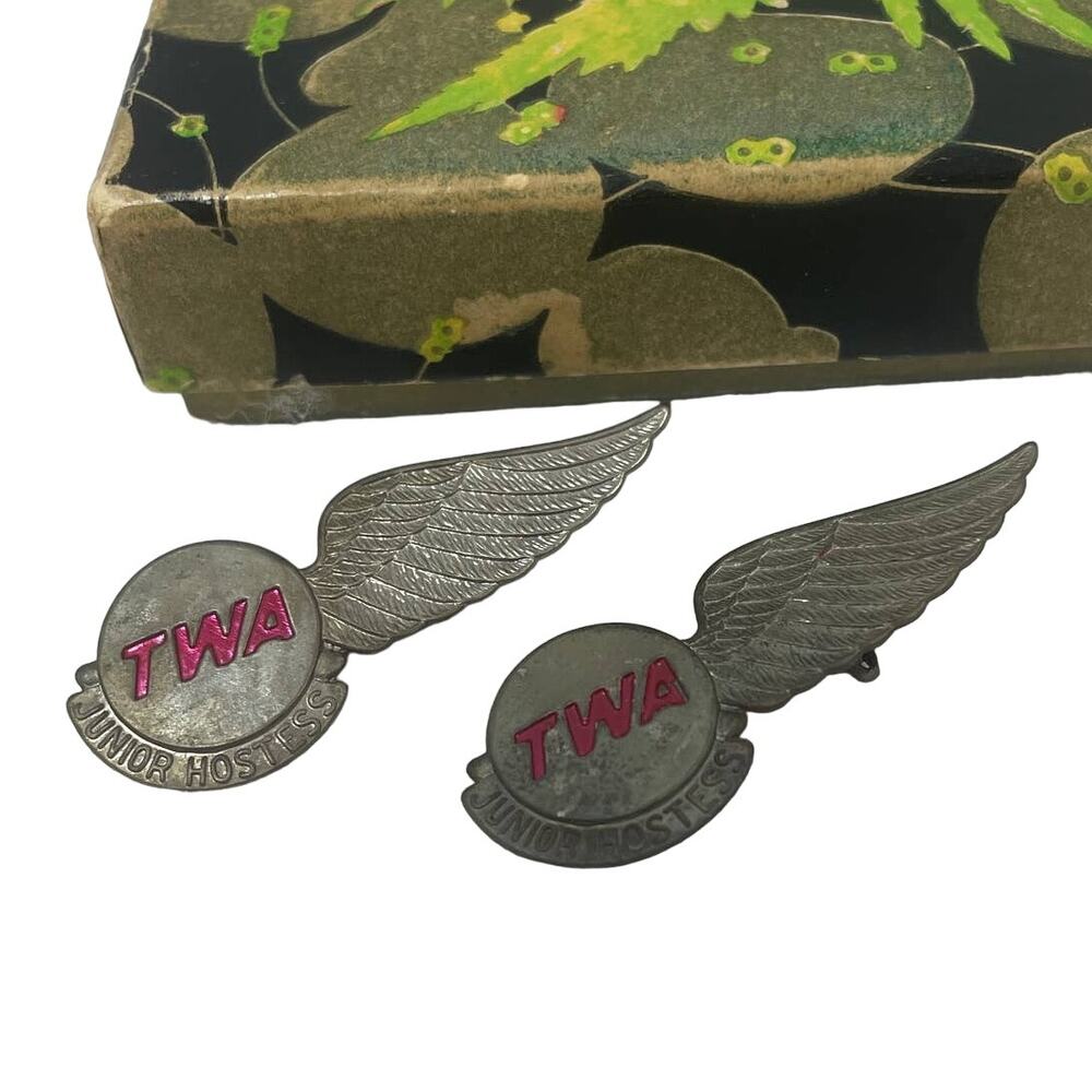 Pair of 2 Vintage TWA Junior Hostess Airline Half Wing Pins In Flying Bird Box